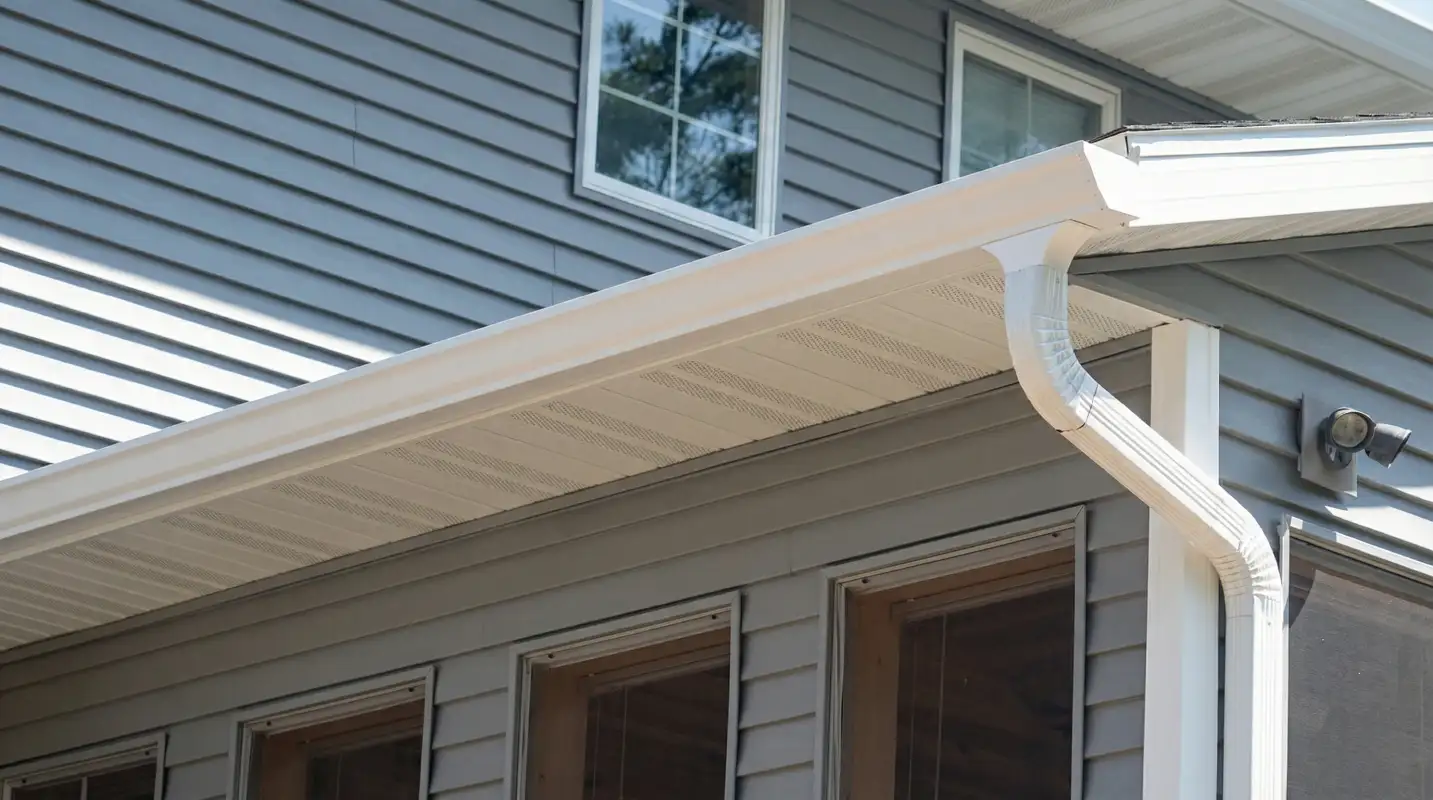 Professional home remodeling project showing newly installed white seamless gutters and downspouts on a house with gray siding in Fargo, ND