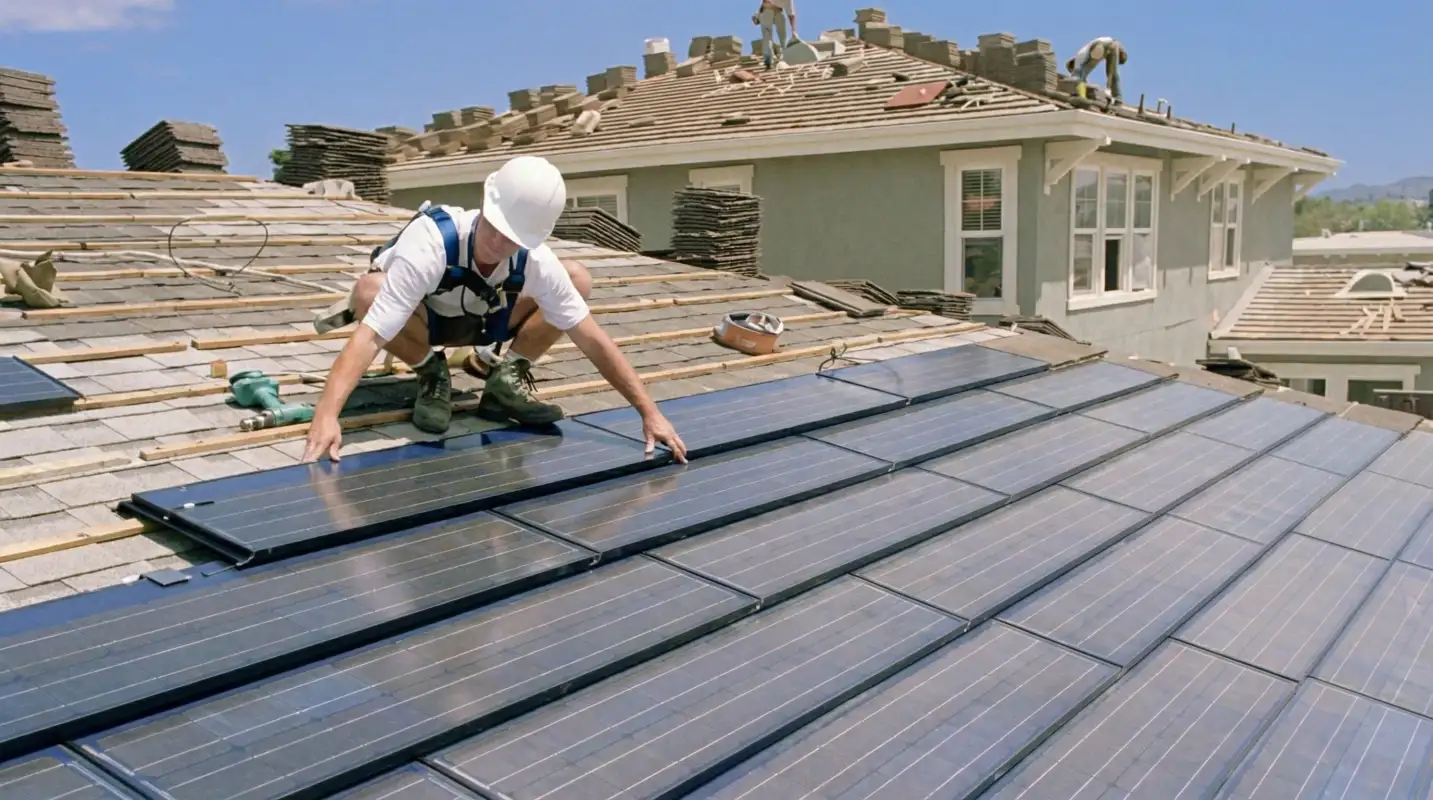 Roof replacement expert installing modern solar shingles on a residential home in Fargo, ND