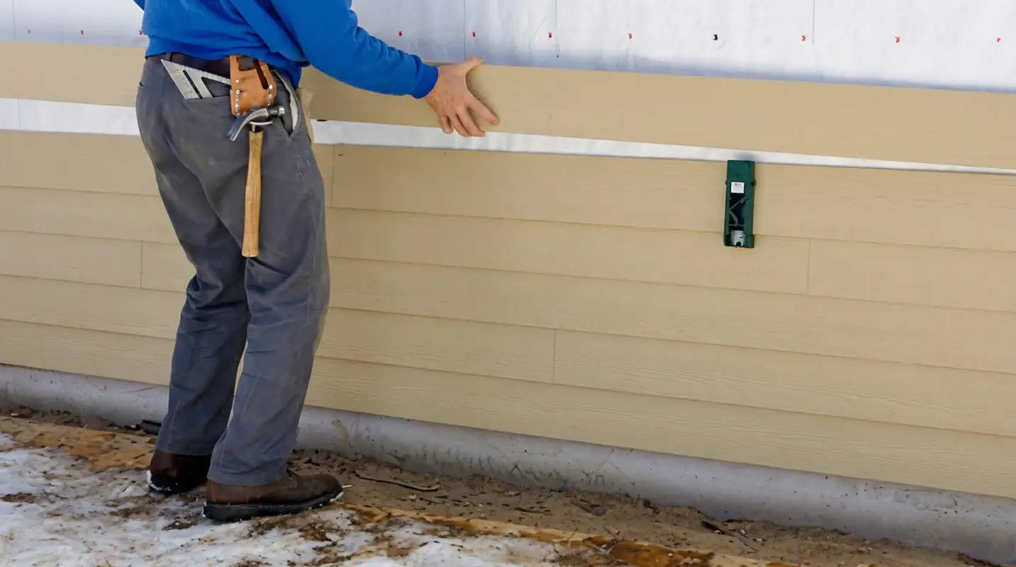 Siding replacement expert carefully aligning a new tan siding panel onto a residential exterior wall in Fargo, ND