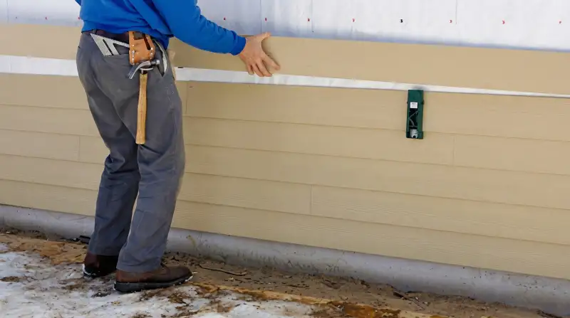 Siding replacement expert carefully aligning a new tan siding panel onto a residential exterior wall in Fargo, ND