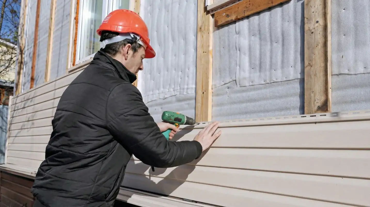 Siding replacement professional using a power drill to install new tan vinyl siding on a home exterior in Fargo, ND