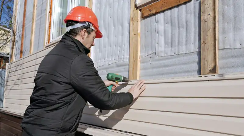 Siding replacement professional using a power drill to install new tan vinyl siding on a home exterior in Fargo, ND
