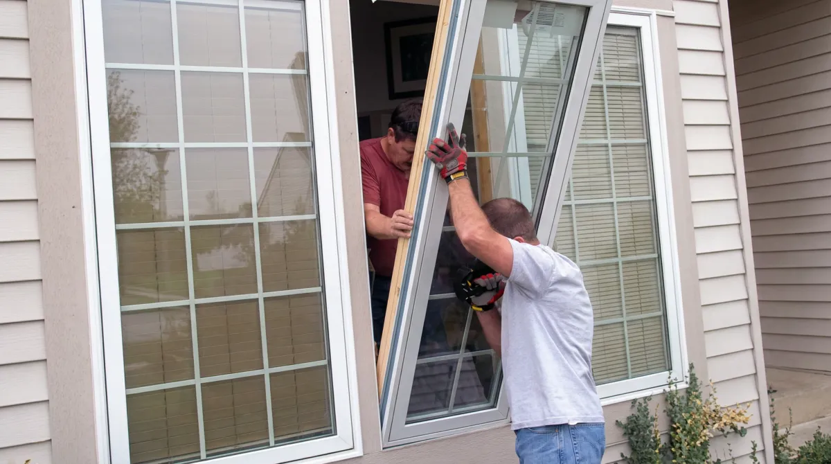 Professional home remodeling team installing a large replacement window on a house with tan siding in Fargo, ND
