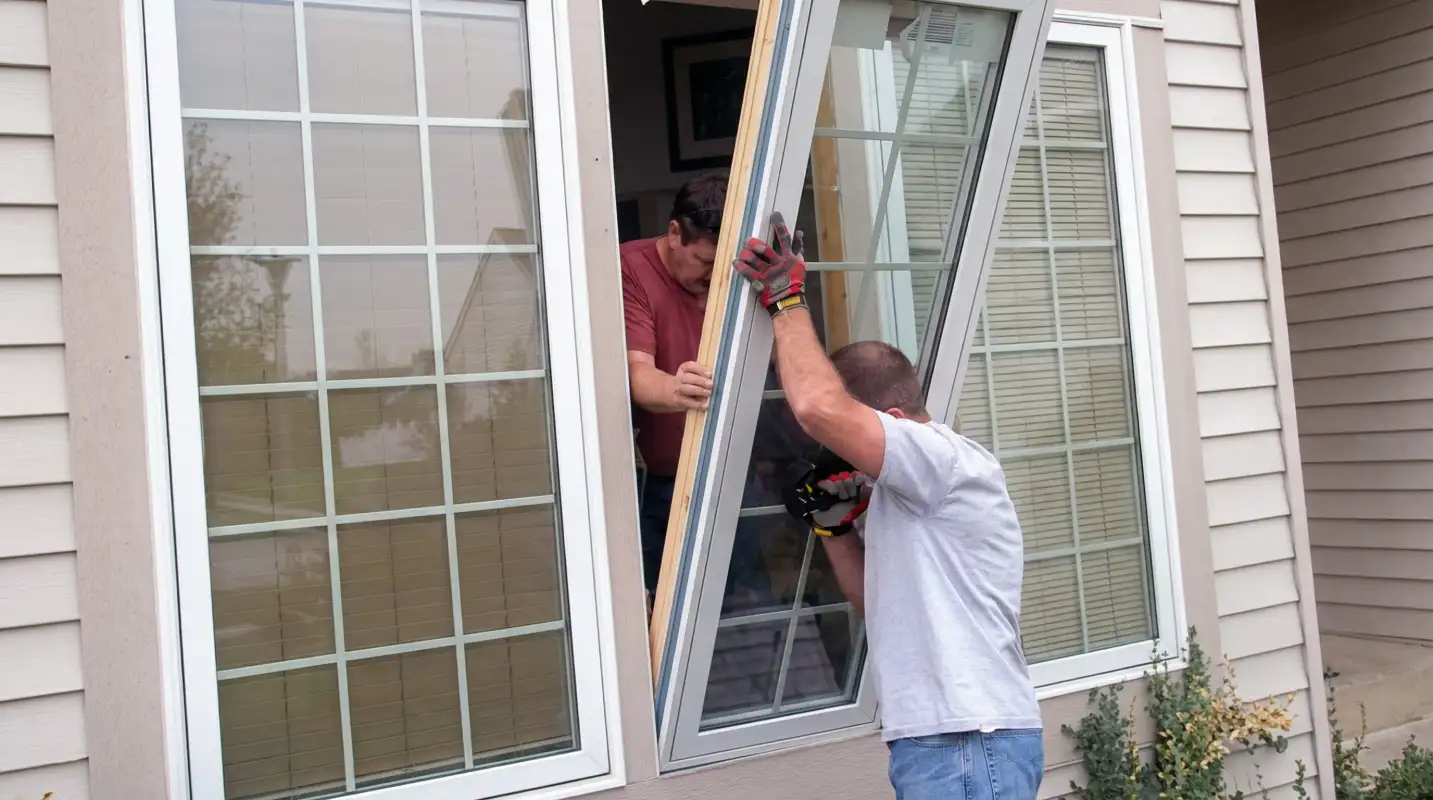 Professional home remodeling team installing a large replacement window on a house with tan siding in Fargo, ND